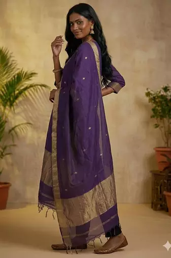 Violet jacquard weaving kanchi cotton straight kurta dupatta set