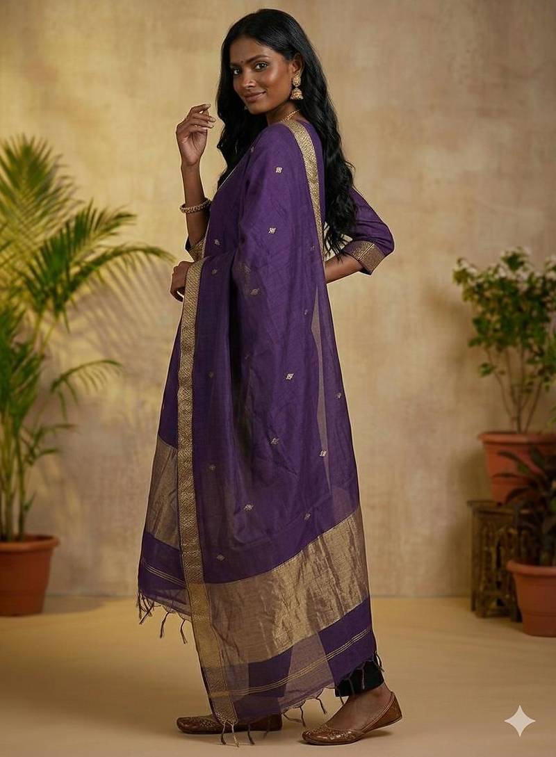 Violet jacquard weaving kanchi cotton straight kurta dupatta set
