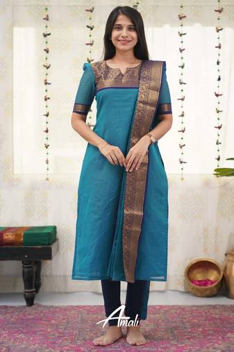Teal-blue jacquard weaving kanchi cotton straight kurta dupatta set