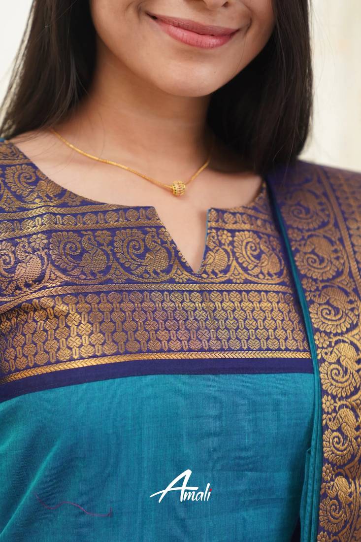 Teal-blue jacquard weaving kanchi cotton straight kurta dupatta set