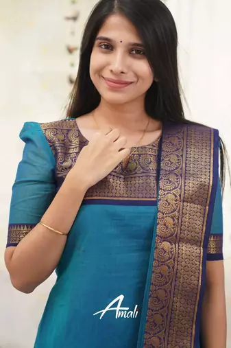 Teal-blue jacquard weaving kanchi cotton straight kurta dupatta set