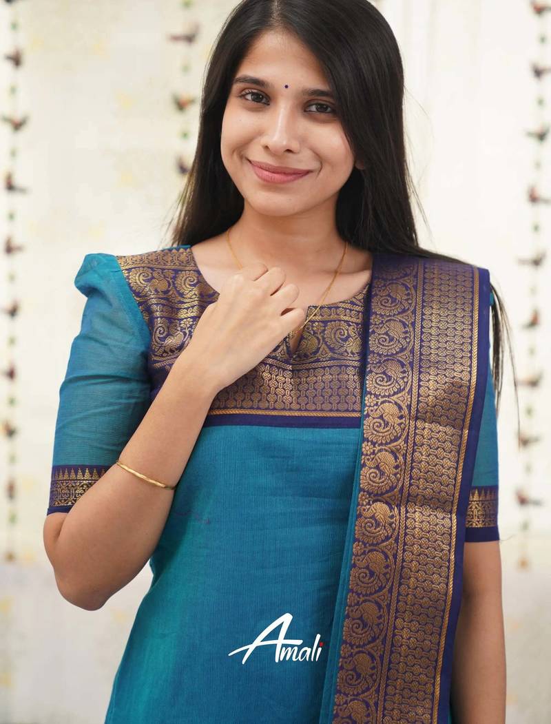 Teal-blue jacquard weaving kanchi cotton straight kurta dupatta set