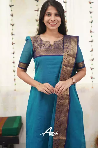 Teal-blue jacquard weaving kanchi cotton straight kurta dupatta set