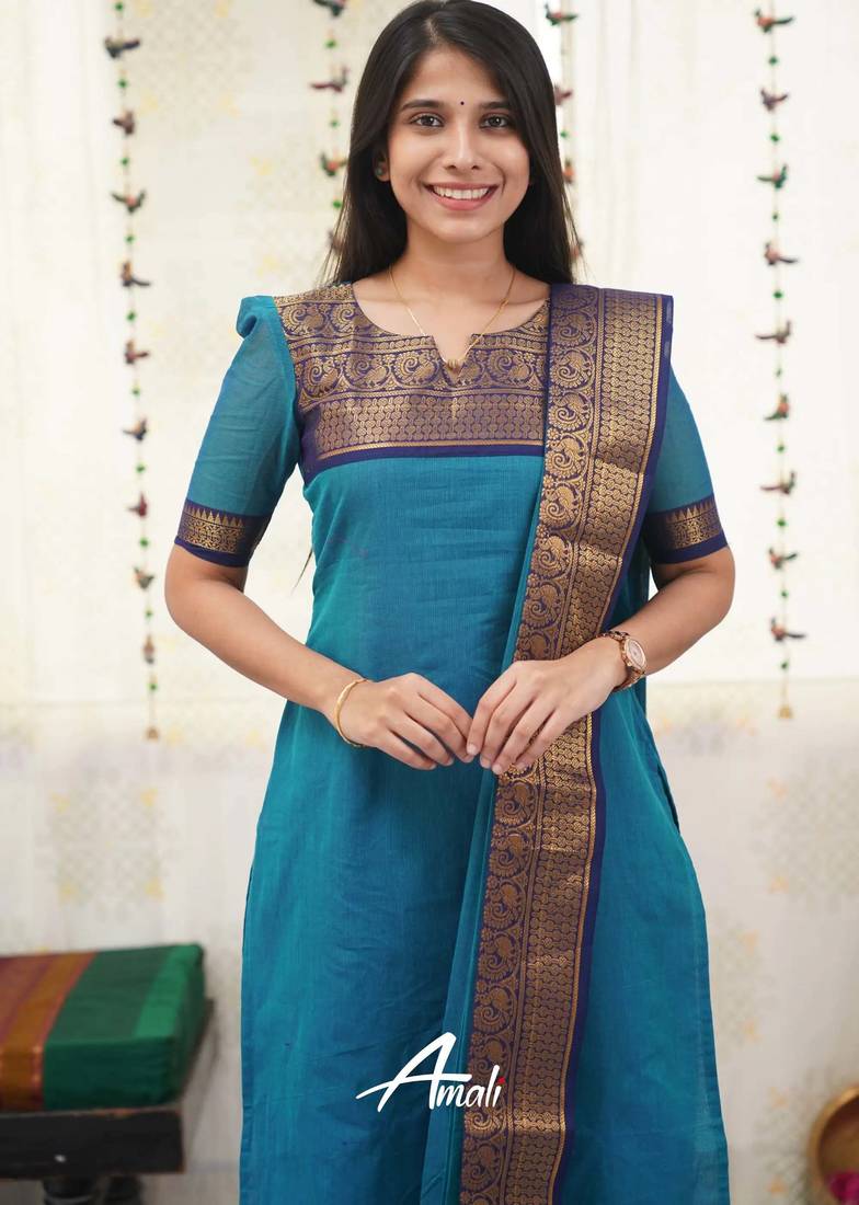 Teal-blue jacquard weaving kanchi cotton straight kurta dupatta set