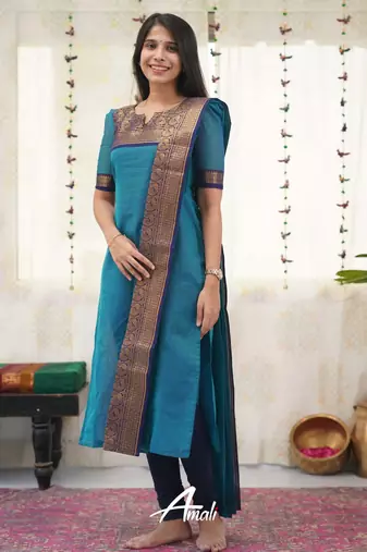 Teal-blue jacquard weaving kanchi cotton straight kurta dupatta set