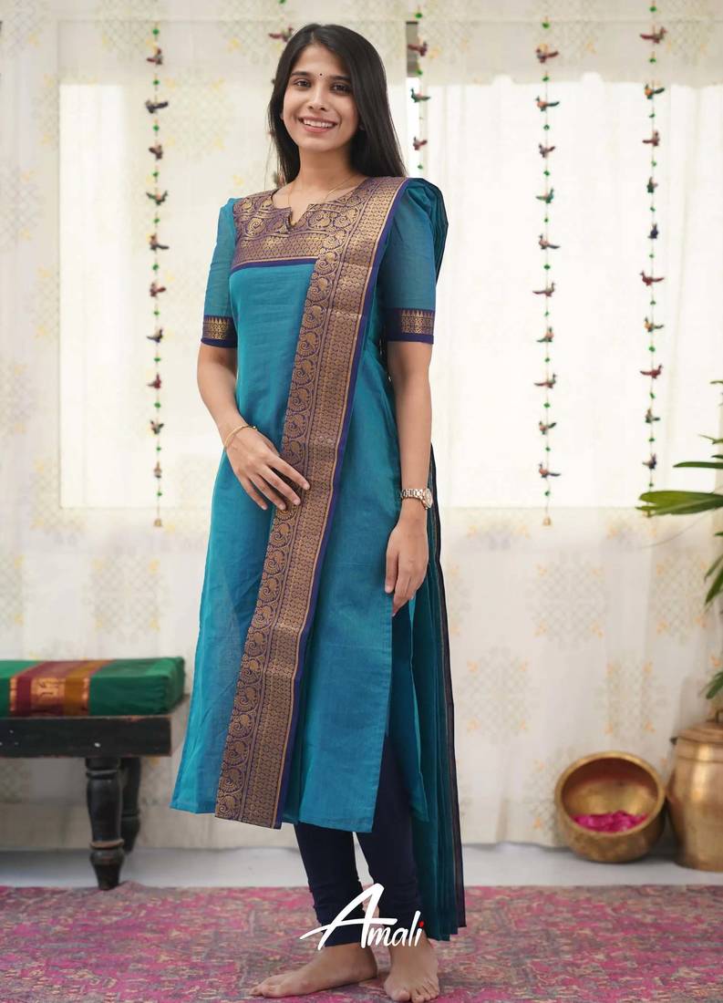 Teal-blue jacquard weaving kanchi cotton straight kurta dupatta set