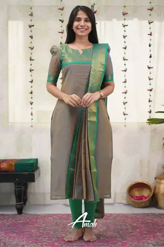 Grey jacquard weaving kanchi cotton straight kurta dupatta set