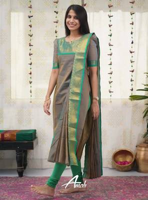 Grey jacquard weaving kanchi cotton straight kurta dupatta set 2