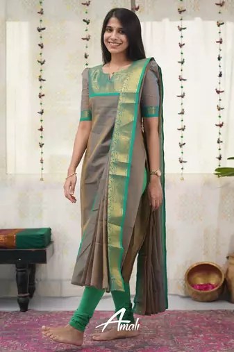 Grey jacquard weaving kanchi cotton straight kurta dupatta set
