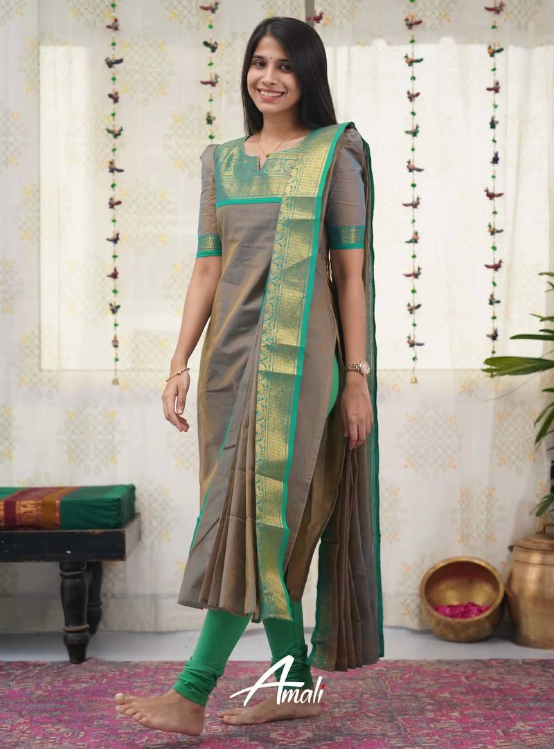 Grey jacquard weaving kanchi cotton straight kurta dupatta set