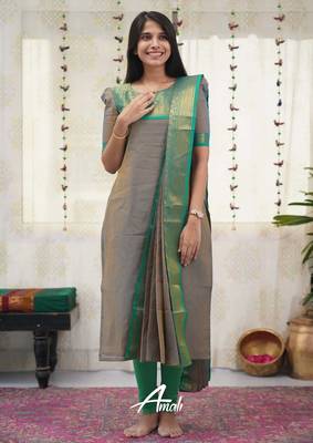 Grey jacquard weaving kanchi cotton straight kurta dupatta set 5