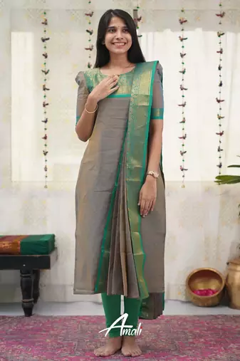 Grey jacquard weaving kanchi cotton straight kurta dupatta set
