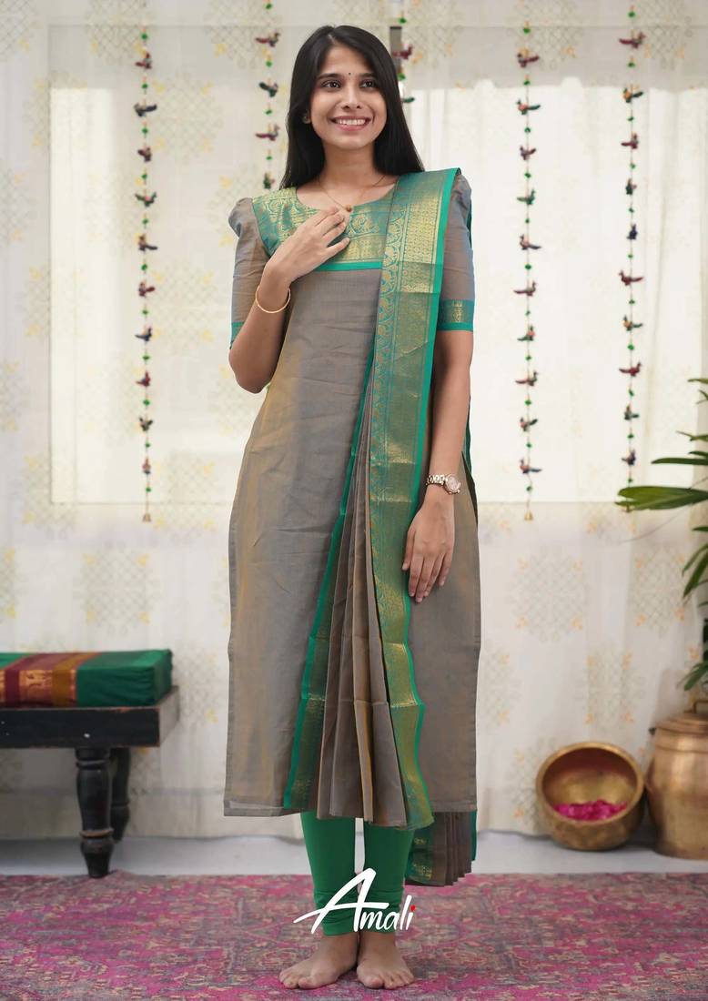 Grey jacquard weaving kanchi cotton straight kurta dupatta set