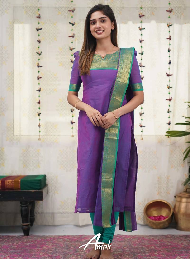 Wine jacquard weaving kanchi cotton straight kurta dupatta set