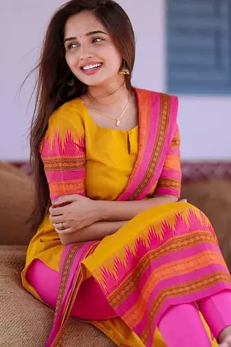 Yellow jacquard weaving kanchi cotton straight kurta dupatta set
