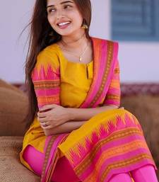 Yellow jacquard weaving kanchi cotton straight kurta dupatta set