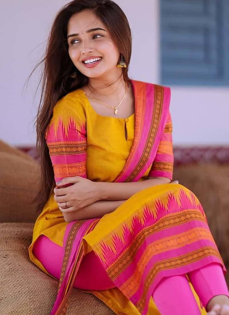 Yellow jacquard weaving kanchi cotton straight kurta dupatta set