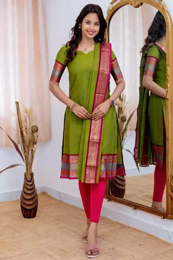 Green jacquard weaving kanchi cotton straight kurta dupatta set