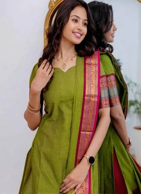 Green jacquard weaving kanchi cotton straight kurta dupatta set 2