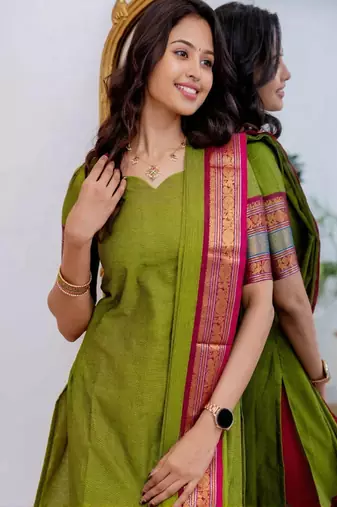 Green jacquard weaving kanchi cotton straight kurta dupatta set