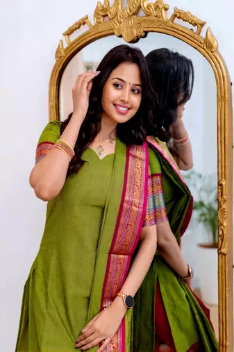 Green jacquard weaving kanchi cotton straight kurta dupatta set