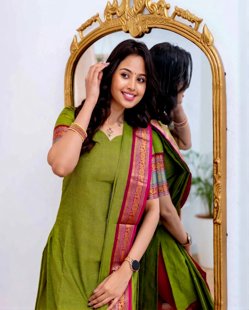 Green jacquard weaving kanchi cotton straight kurta dupatta set