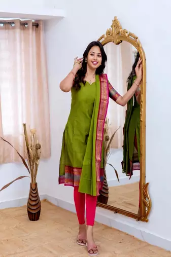 Green jacquard weaving kanchi cotton straight kurta dupatta set
