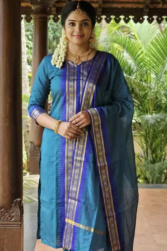 Teal-blue jacquard weaving kanchi cotton straight kurta dupatta set