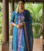 Teal-blue jacquard weaving kanchi cotton straight kurta dupatta set
