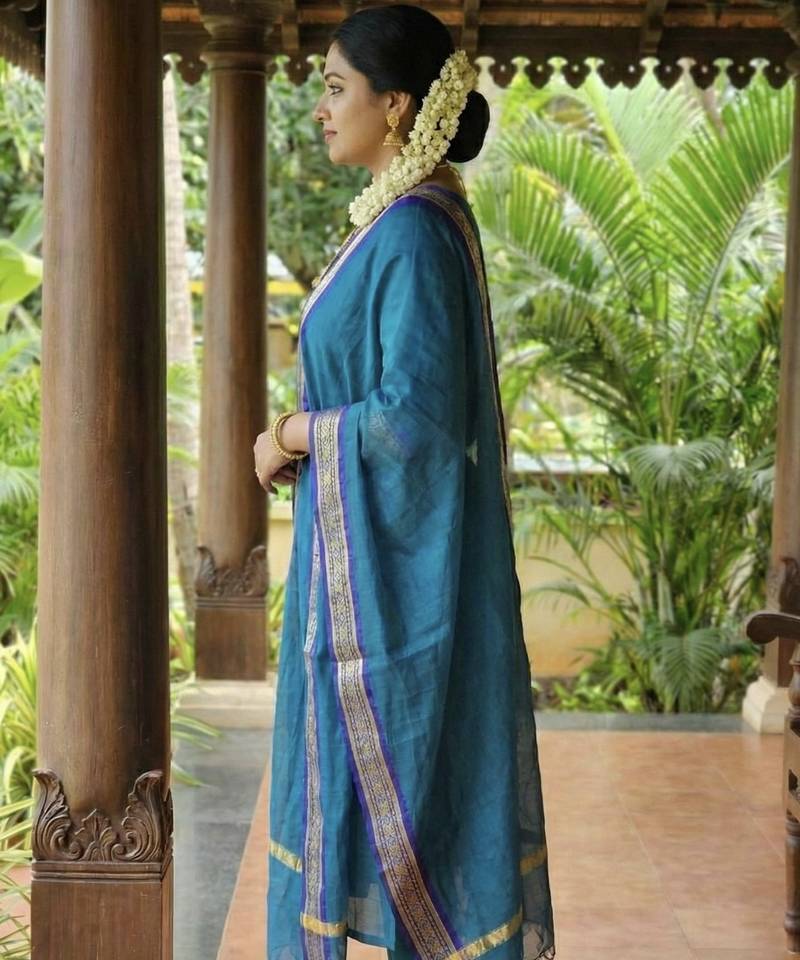 Teal-blue jacquard weaving kanchi cotton straight kurta dupatta set