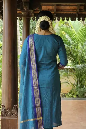 Teal-blue jacquard weaving kanchi cotton straight kurta dupatta set