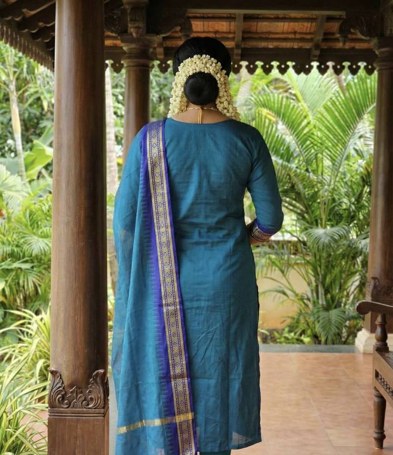 Teal-blue jacquard weaving kanchi cotton straight kurta dupatta set