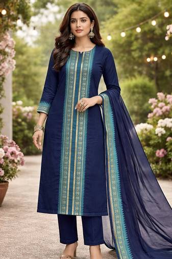 Blue jacquard weaving kanchi cotton straight kurta dupatta set