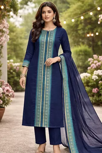 Blue jacquard weaving kanchi cotton straight kurta dupatta set