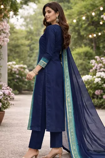 Blue jacquard weaving kanchi cotton straight kurta dupatta set