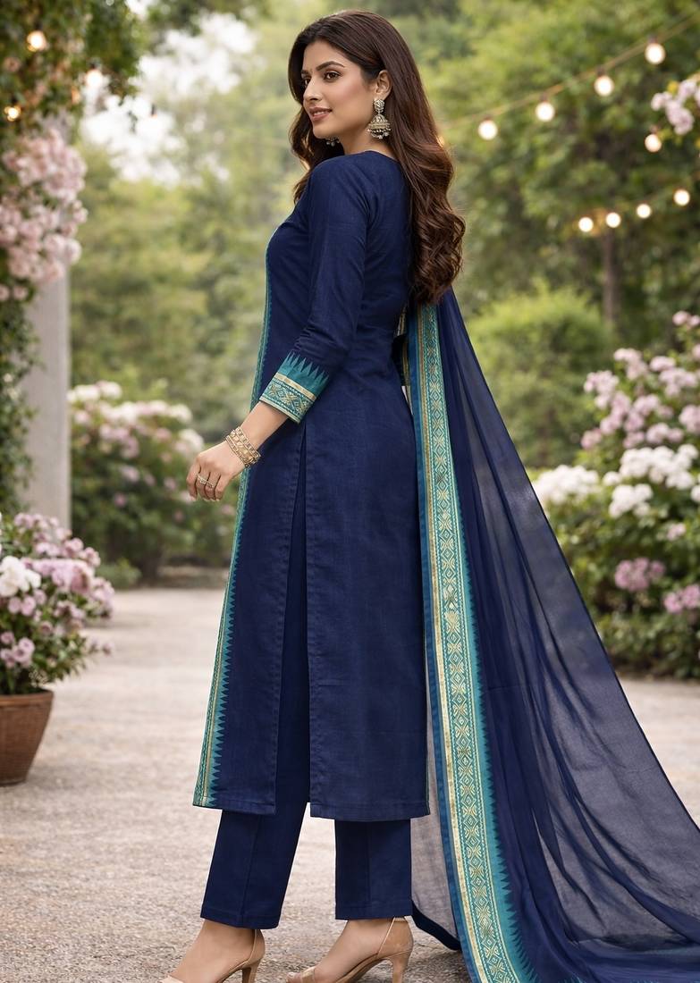 Blue jacquard weaving kanchi cotton straight kurta dupatta set