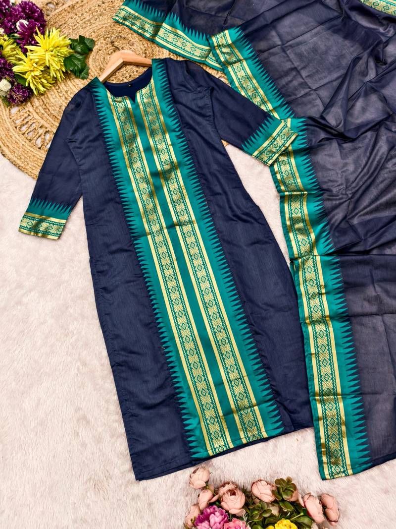 Blue jacquard weaving kanchi cotton straight kurta dupatta set