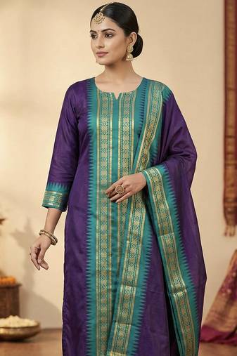 Wine jacquard weaving kanchi cotton straight kurta dupatta set