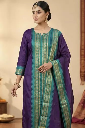 Wine jacquard weaving kanchi cotton straight kurta dupatta set