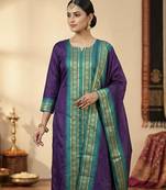 Wine jacquard weaving kanchi cotton straight kurta dupatta set
