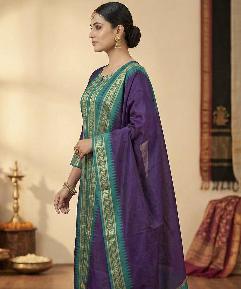 Wine jacquard weaving kanchi cotton straight kurta dupatta set