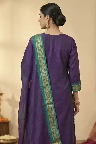 Wine jacquard weaving kanchi cotton straight kurta dupatta set