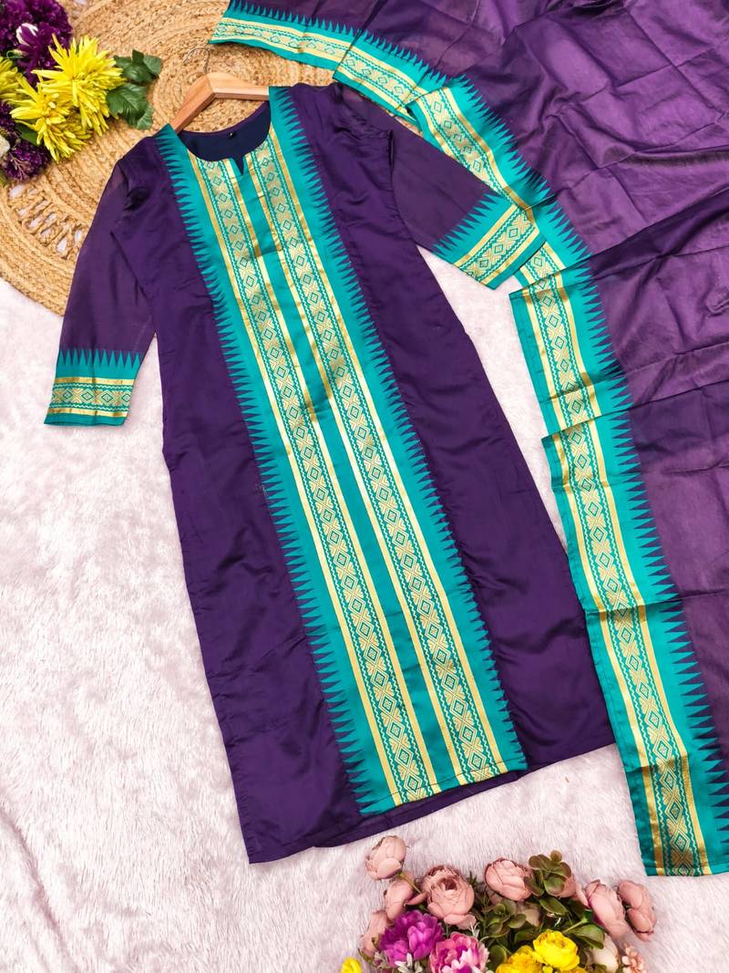 Wine jacquard weaving kanchi cotton straight kurta dupatta set