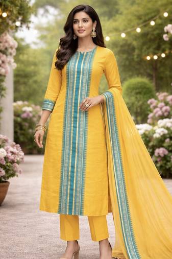 Yellow jacquard weaving kanchi cotton straight kurta dupatta set