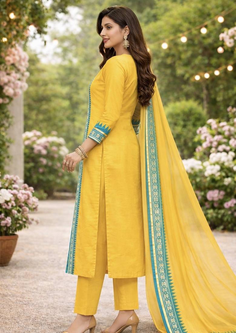 Yellow jacquard weaving kanchi cotton straight kurta dupatta set