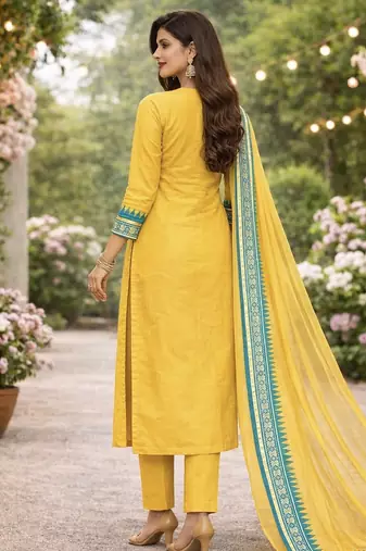 Yellow jacquard weaving kanchi cotton straight kurta dupatta set