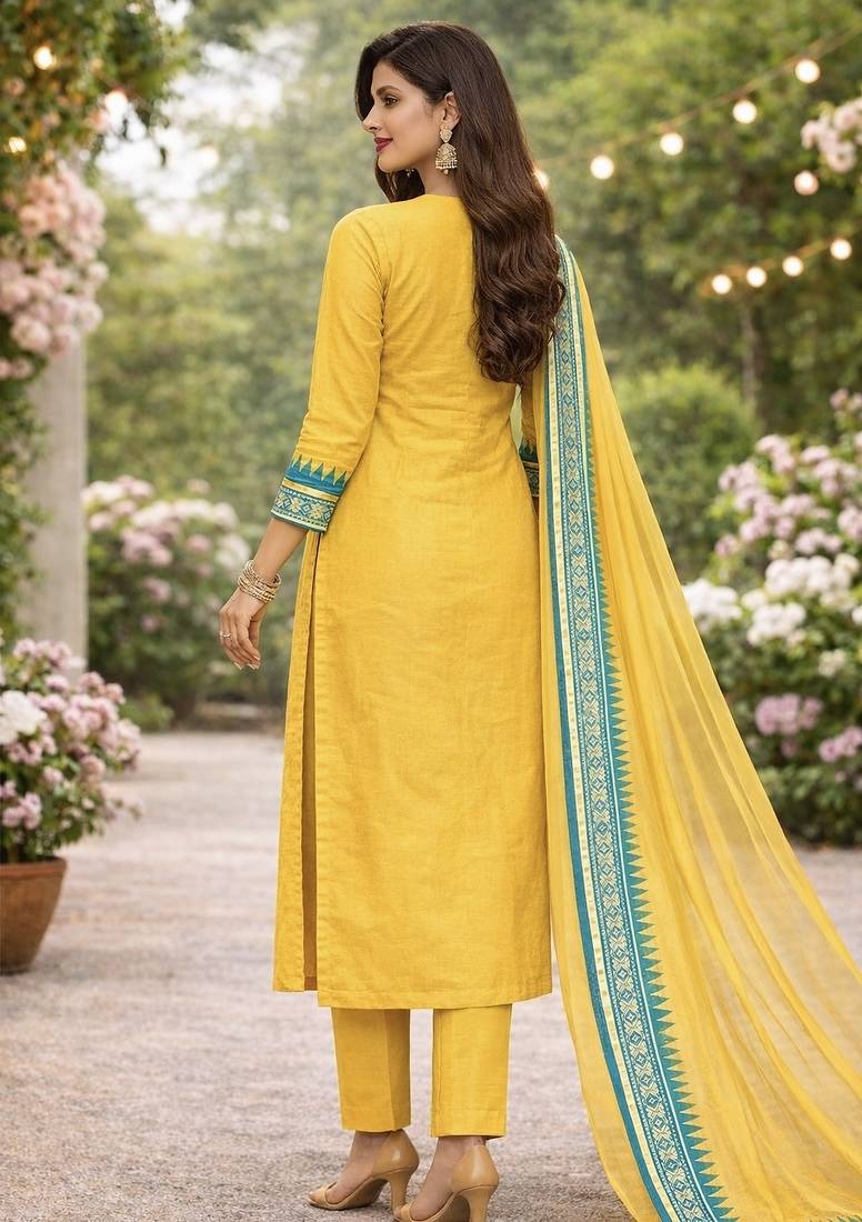 Yellow jacquard weaving kanchi cotton straight kurta dupatta set