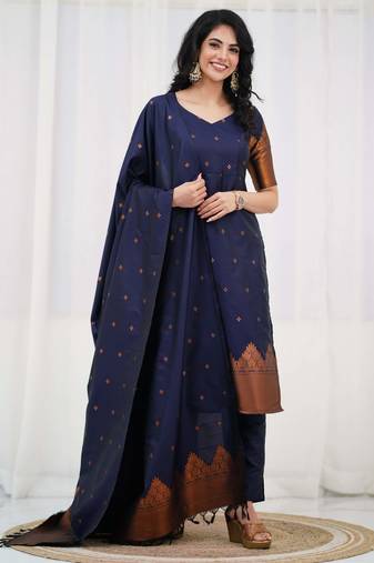 Blue jacquard weaving kanchi cotton straight kurta dupatta set