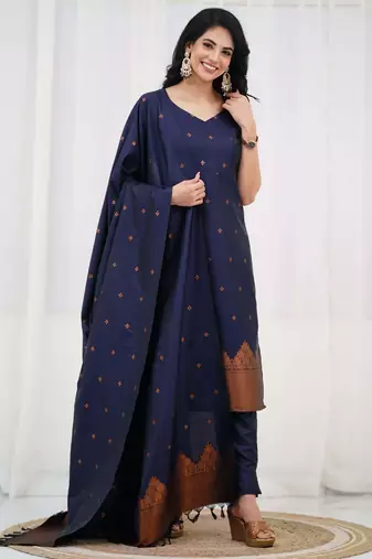 Blue jacquard weaving kanchi cotton straight kurta dupatta set