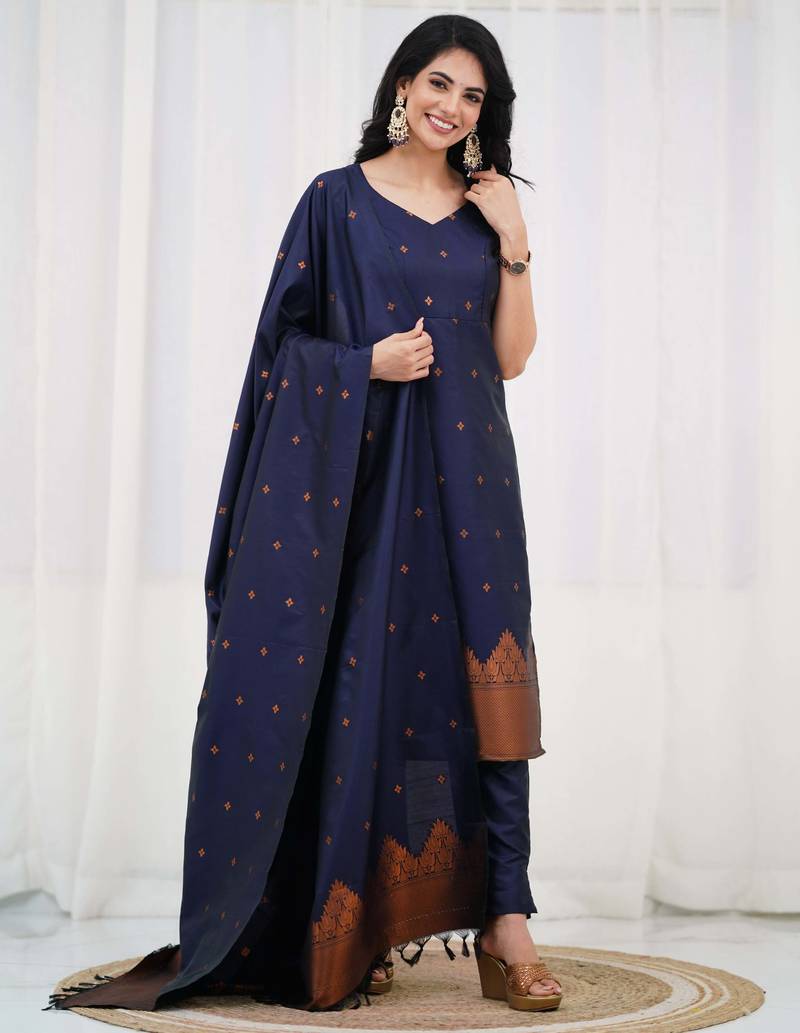 Blue jacquard weaving kanchi cotton straight kurta dupatta set